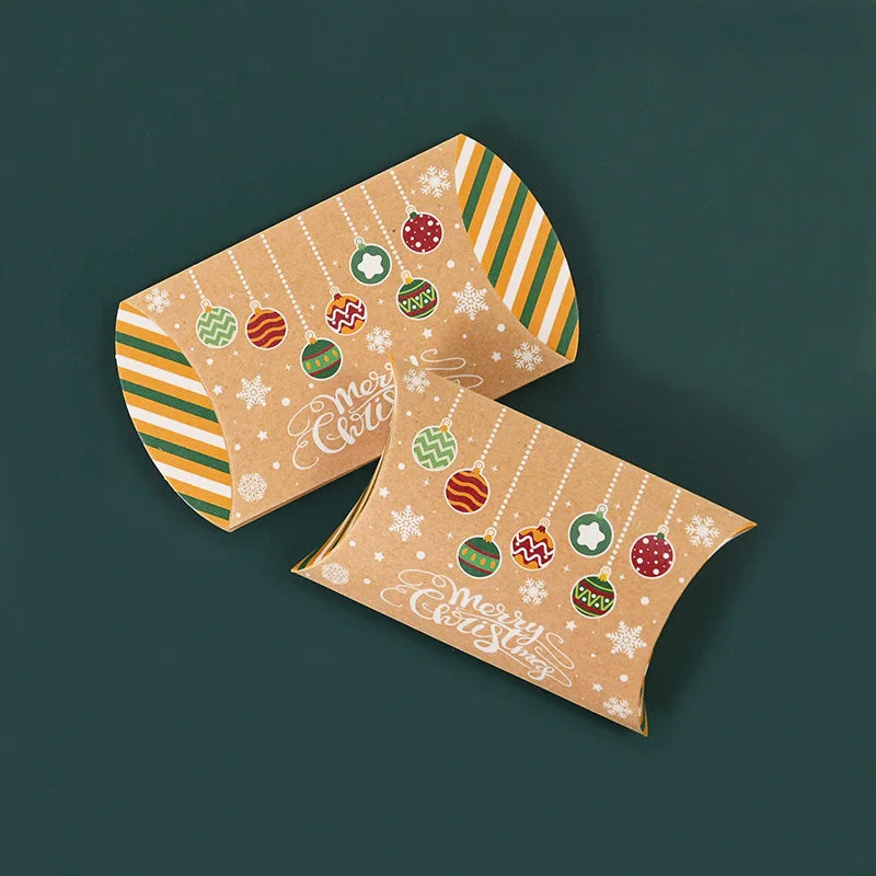 10pcs Christmas Pillow-Shaped Gift Boxes – Kraft Paper Candy & Cookie Packaging