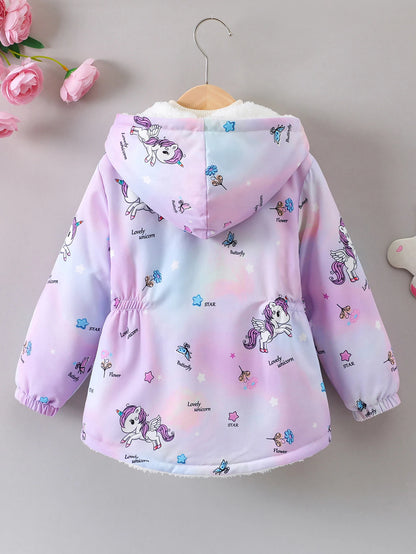 Girls’ Plush Hooded Coat – Cartoon Print & Zipper