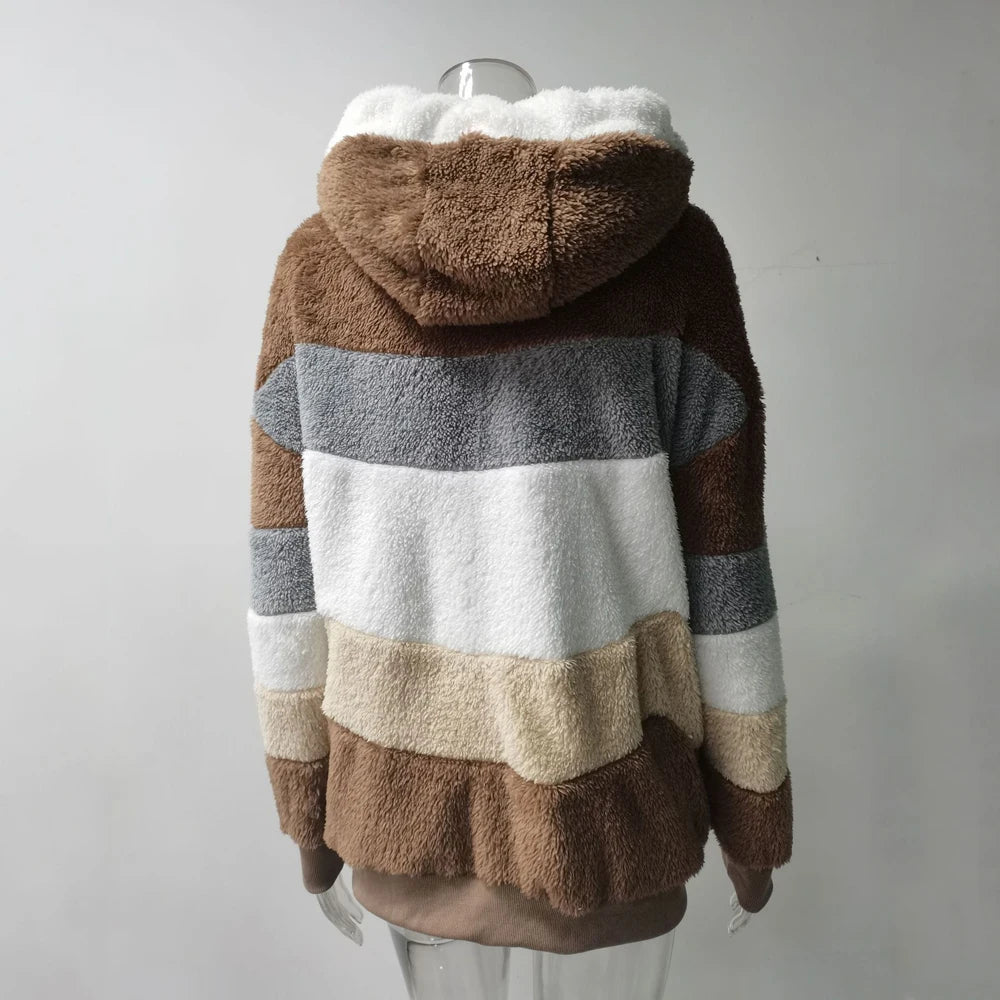 Oversized Hooded Plush Jacket 2024 – Warm Cashmere Streetwear for Women