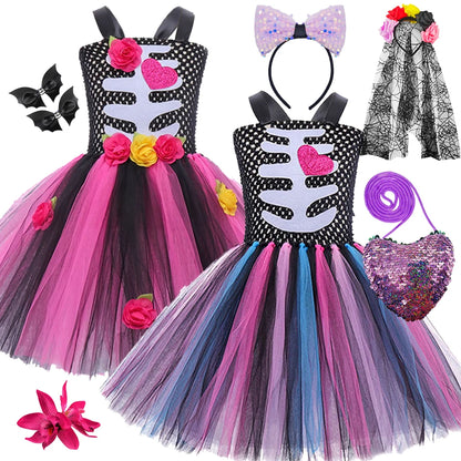 Girls Halloween Performance Outfit – Skull & Floral Tutu
