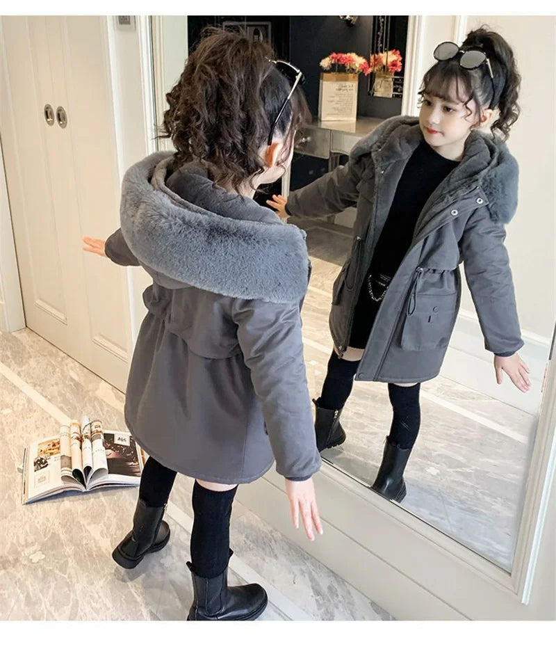 Teen Girls’ Winter Coat – Fur Collar Velvet Jacket with Hood