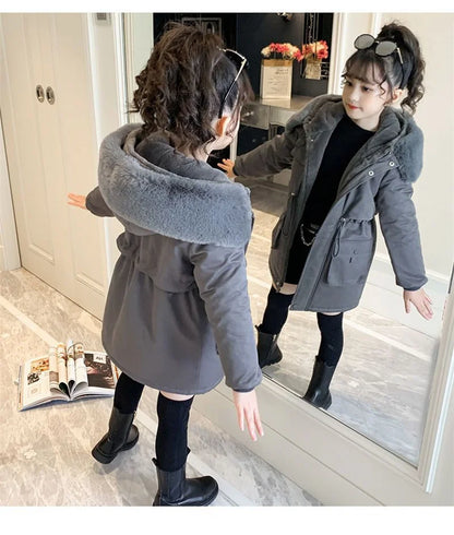 Teen Girls’ Winter Coat – Fur Collar Velvet Jacket with Hood