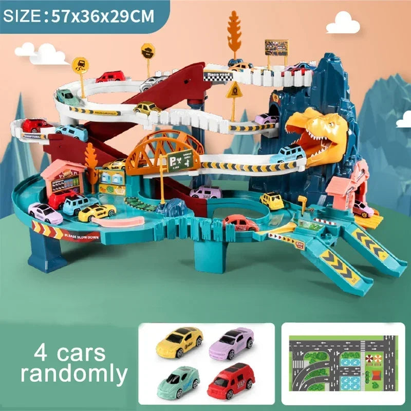 Electric Rail Car Dinosaur Adventure Set – Interactive Racing & Parking Lot for Kids!