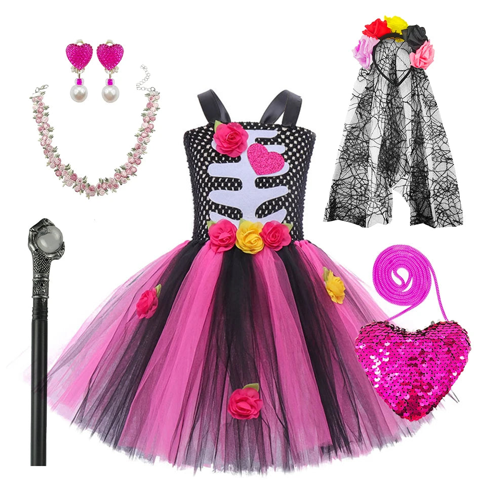 Girls Halloween Performance Outfit – Skull & Floral Tutu