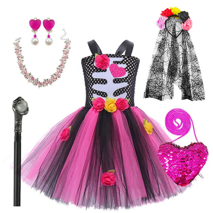 Girls Halloween Performance Outfit – Skull & Floral Tutu
