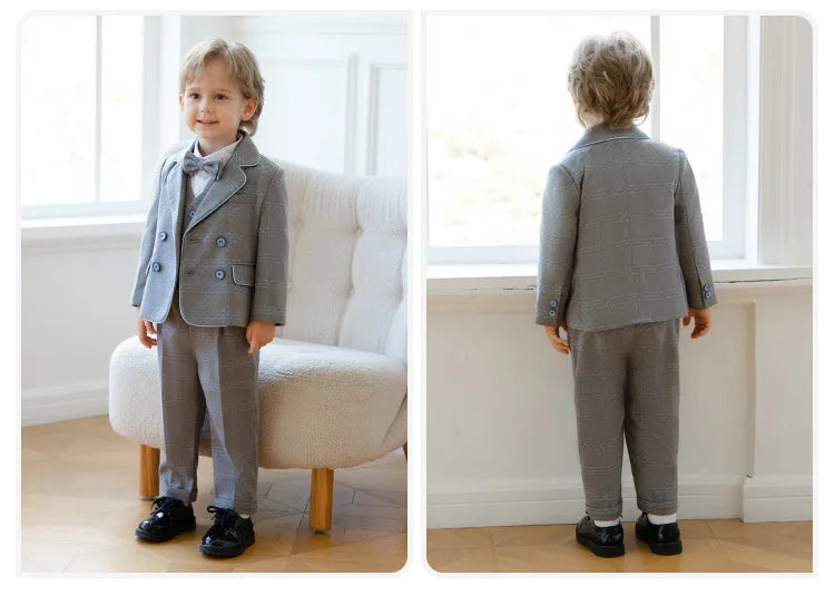 Young Boys’ Formal Outfit – British Plaid Blazer & Pants Set