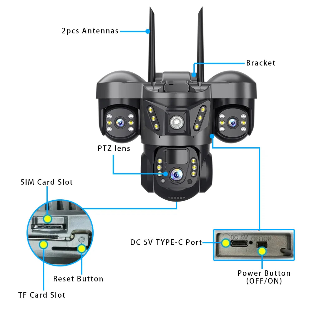 Triple Lens 15MP 4G Solar Security Camera | 10X Zoom | PIR Motion Detect