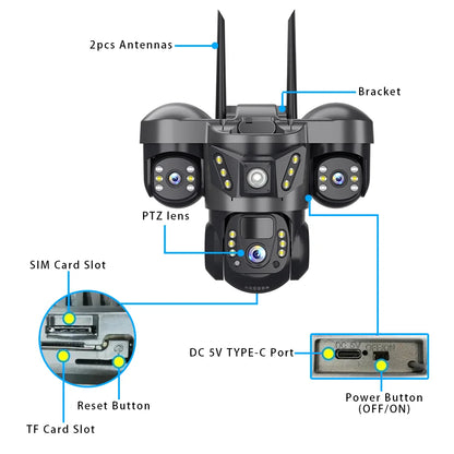 Triple Lens 15MP 4G Solar Security Camera | 10X Zoom | PIR Motion Detect