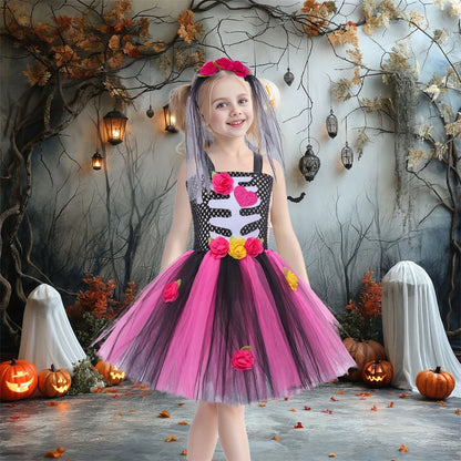 Girls Halloween Performance Outfit – Skull & Floral Tutu
