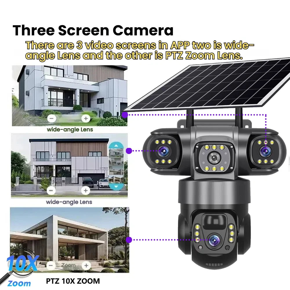 4G Solar Security Camera – 3 Lens, 10X Zoom, Night Vision