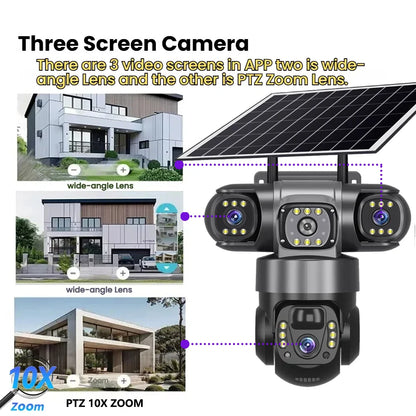4G Solar Security Camera – 3 Lens, 10X Zoom, Night Vision