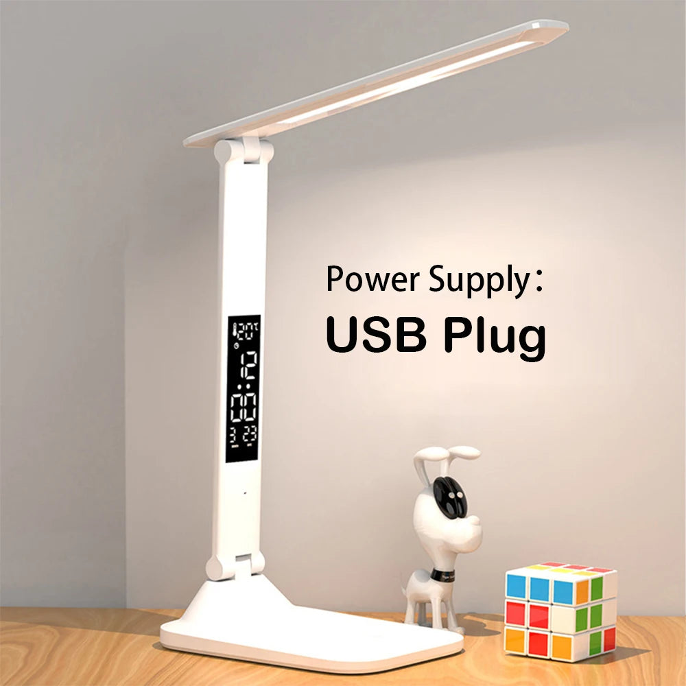 Folding LED Desk Lamp: USB Charging, Touch Dimmable, Alarm & Thermometer