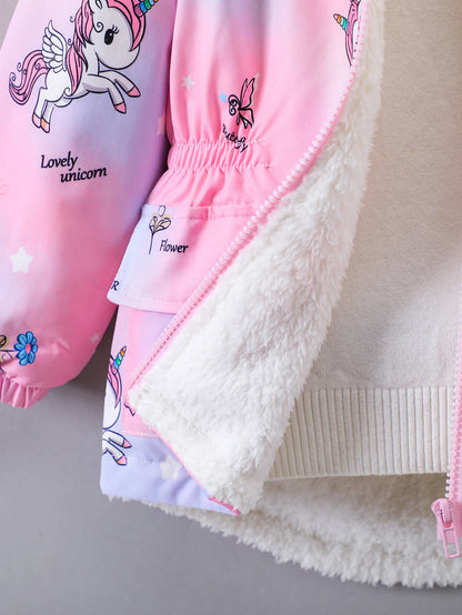 Girls’ Plush Hooded Coat – Cartoon Print & Zipper