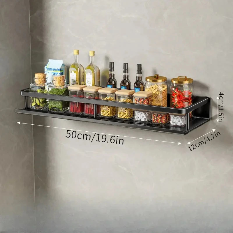 Wall-Mounted Kitchen Shelf & Spice Rack – Storage with Hooks & Towel Bar