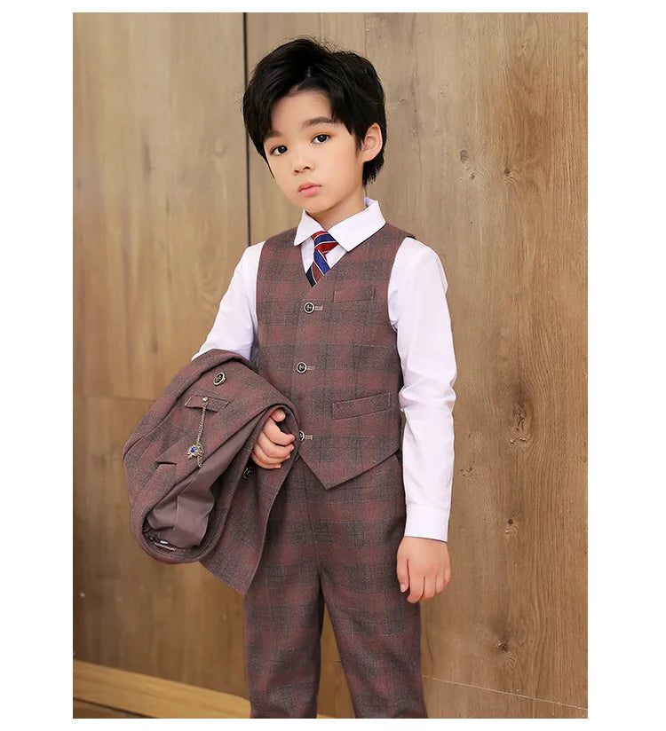 Boys’ 3-Piece Plaid Suit – Blazer, Vest & Pants (1–14Y)