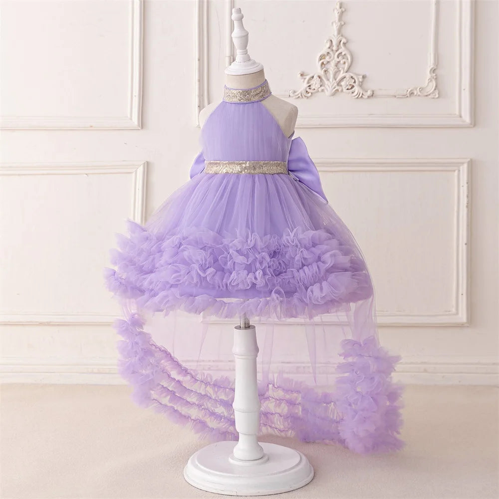 Elegant Baby Party Dress – Sequin Princess Gown with Big Bow & Train