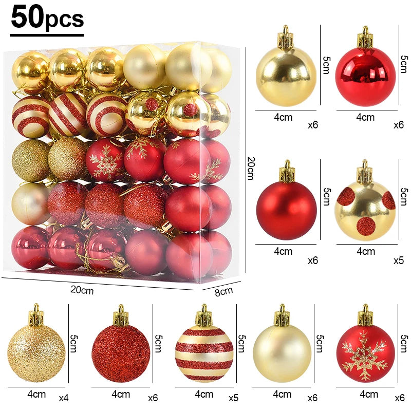 50pcs Christmas Baubles – 4cm Hanging Ornaments for Tree Décor & Holiday Gifts