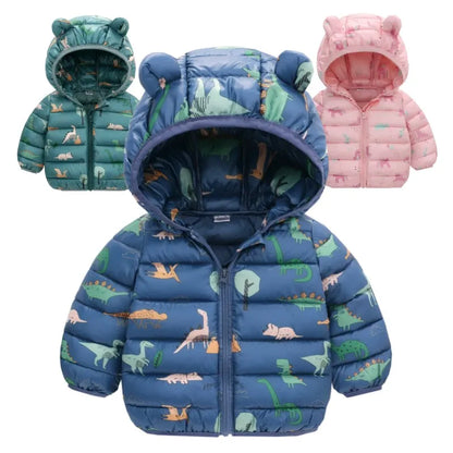 Adorable Kids' Hooded Down Jackets – Lightweight, Warm, and Dino-Fun