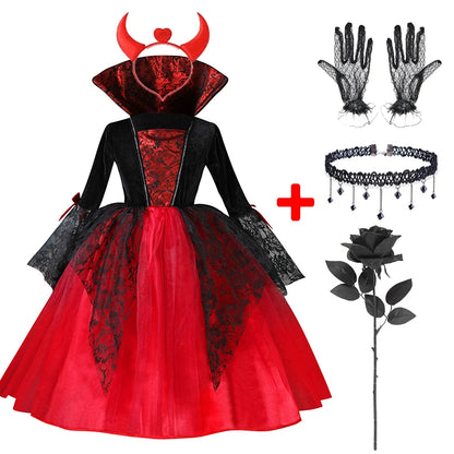 Girls Red & Black Vampire Costume – Halloween Gothic Party Dress