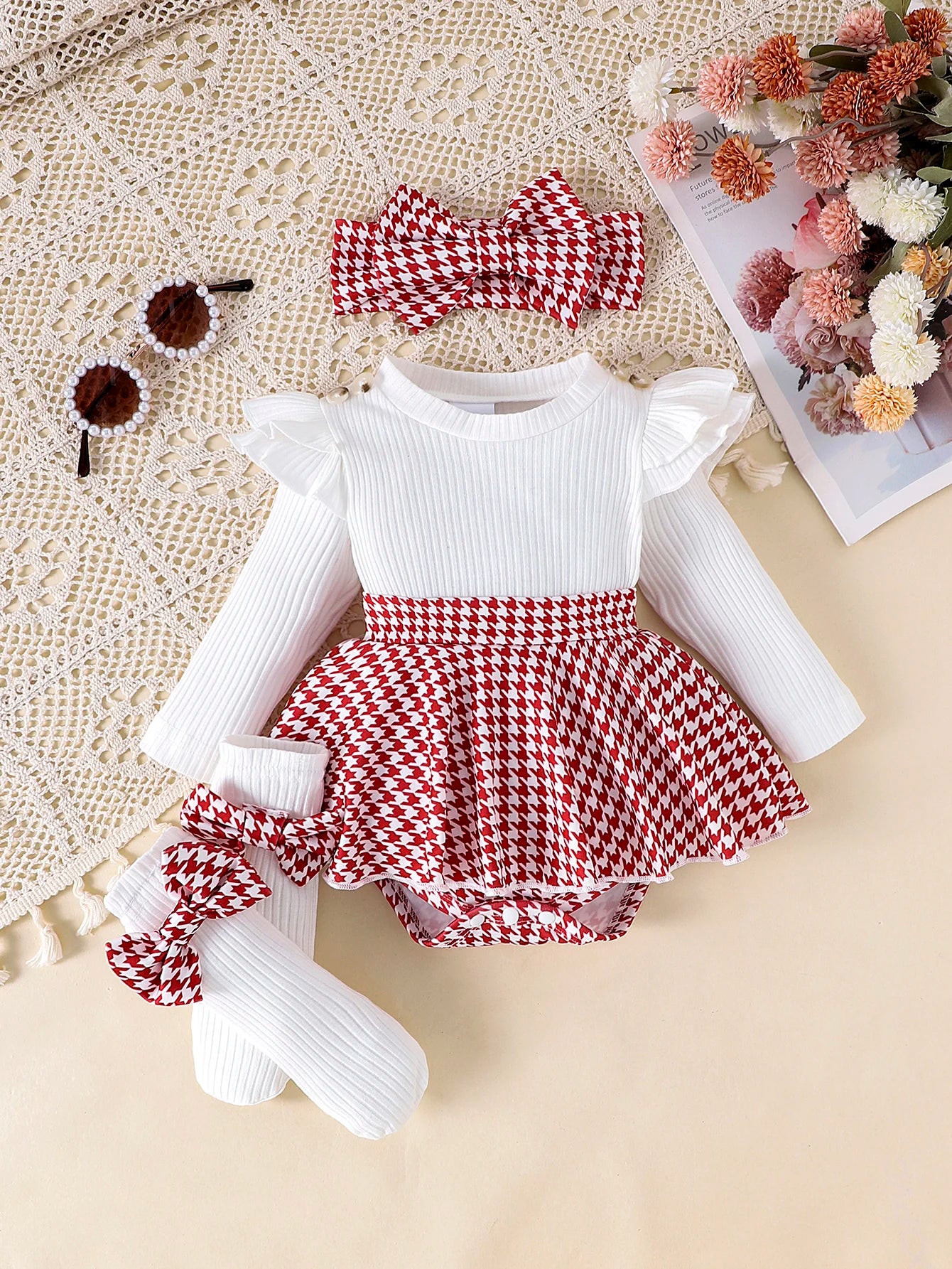 2PCS Autumn Set for Baby Girls – Black Top, Houndstooth Skirt & Hair Band