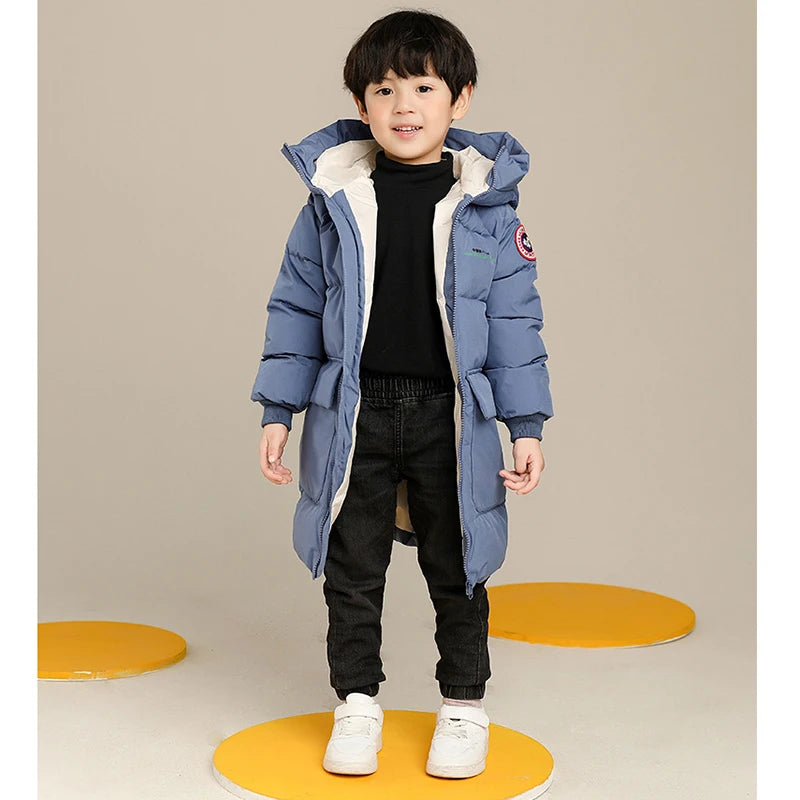 Autumn & Winter Boys Hooded Jacket - Solid Color Long Style, Warm & Cozy for Kids - Perfect Birthday Gift!