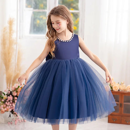 Kids Birthday Princess Dress with Bow & Pearls