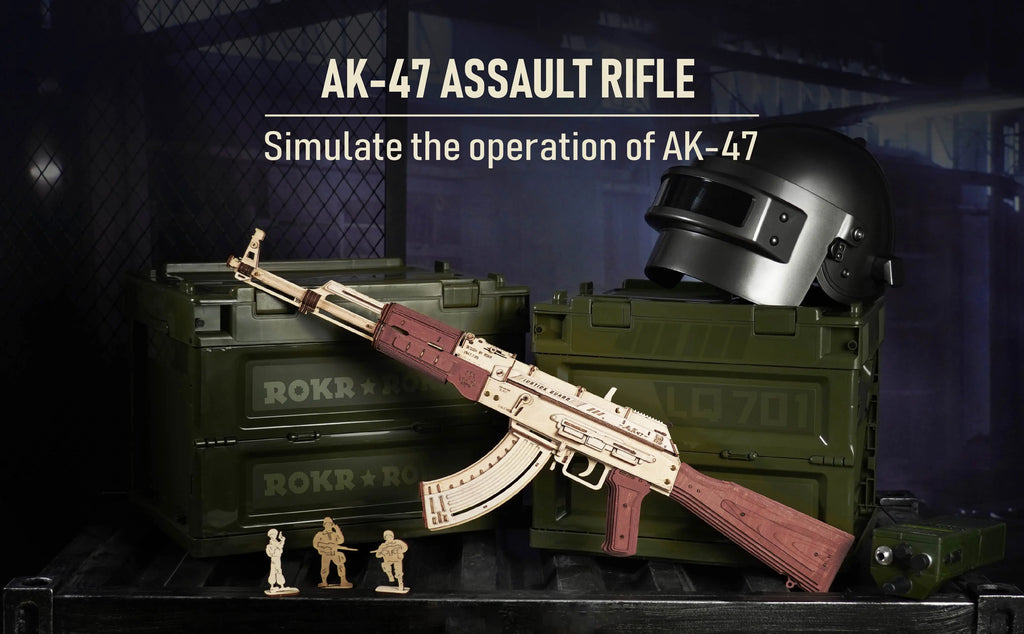 Robotime Rokr AK47 wooden building block gun toy, detailed 3D puzzle for kids and adults, Justice Guard design, DIY firearm model