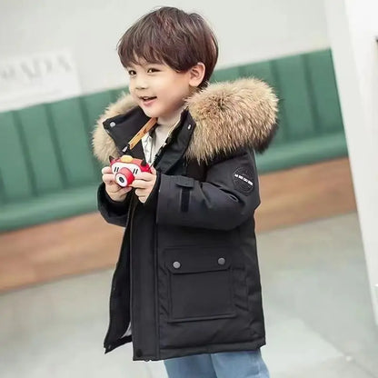 Kids’ Padded Winter Jacket – Thick Fur Collar Hooded Parka, Warm Cotton Coat for Boys & Girls