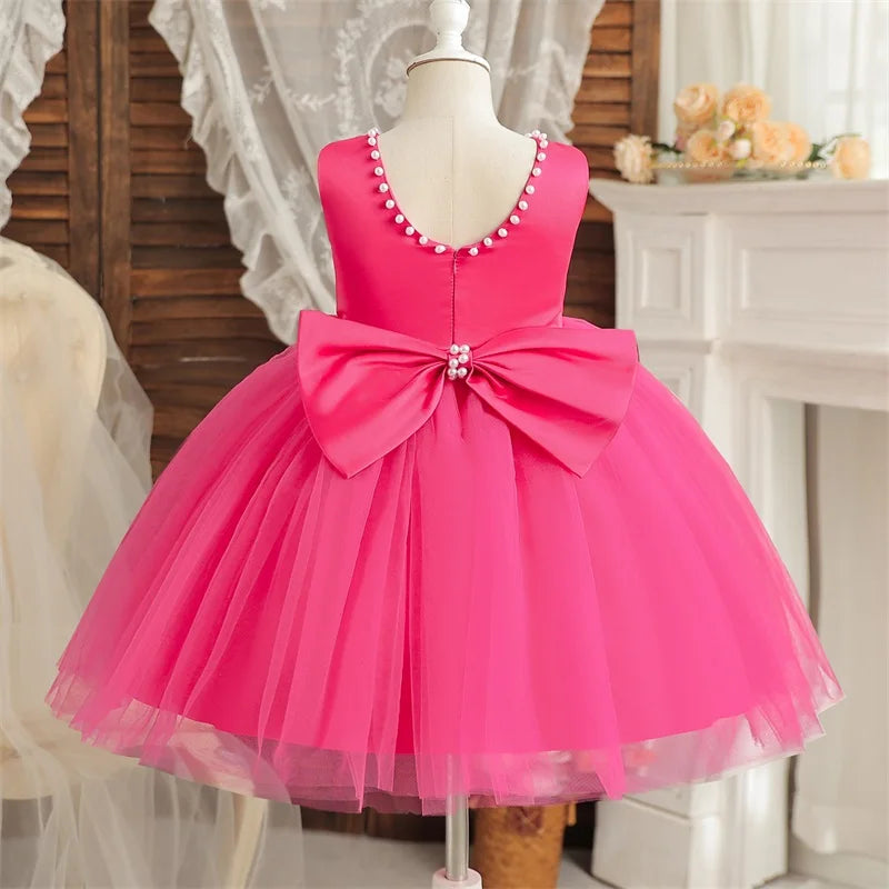 Kids Birthday Princess Dress with Bow & Pearls