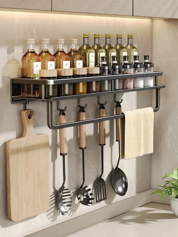 Wall-Mounted Kitchen Shelf & Spice Rack – Storage with Hooks & Towel Bar