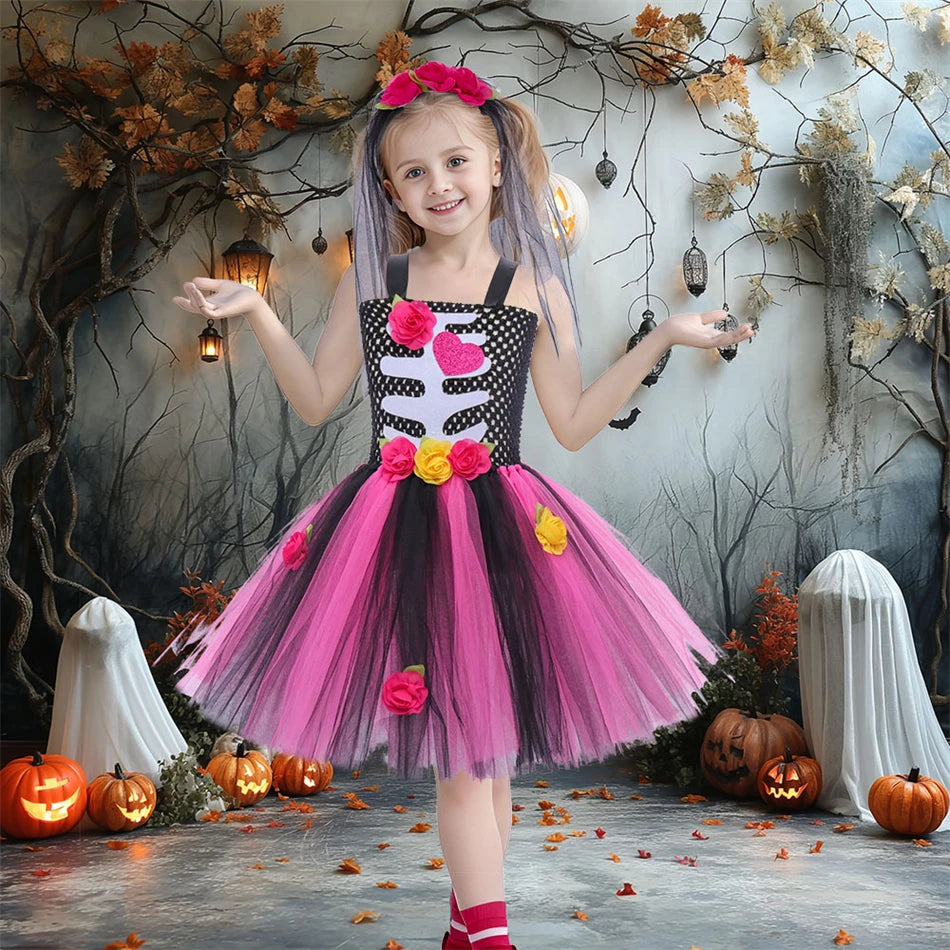 Girls Halloween Performance Outfit – Skull & Floral Tutu