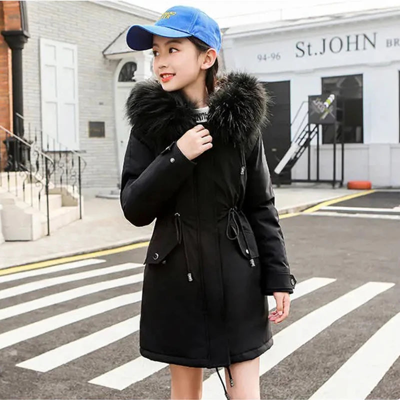 Girls’ Hooded Parka – Fur Collar & Thick Velvet Winter
