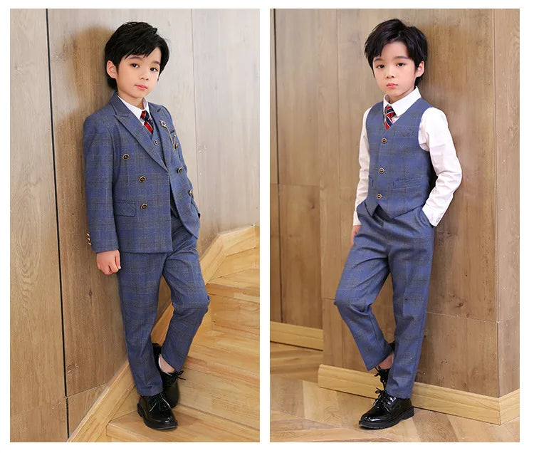 Boys’ 3-Piece Plaid Suit – Blazer, Vest & Pants (1–14Y)