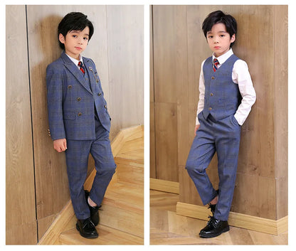 Boys’ 3-Piece Plaid Suit – Blazer, Vest & Pants (1–14Y)