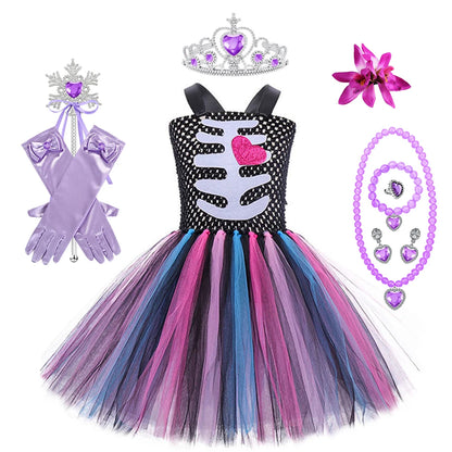 Girls Halloween Performance Outfit – Skull & Floral Tutu