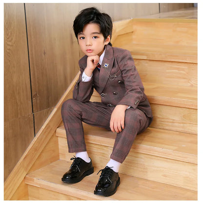 Boys’ 3-Piece Plaid Suit – Blazer, Vest & Pants (1–14Y)