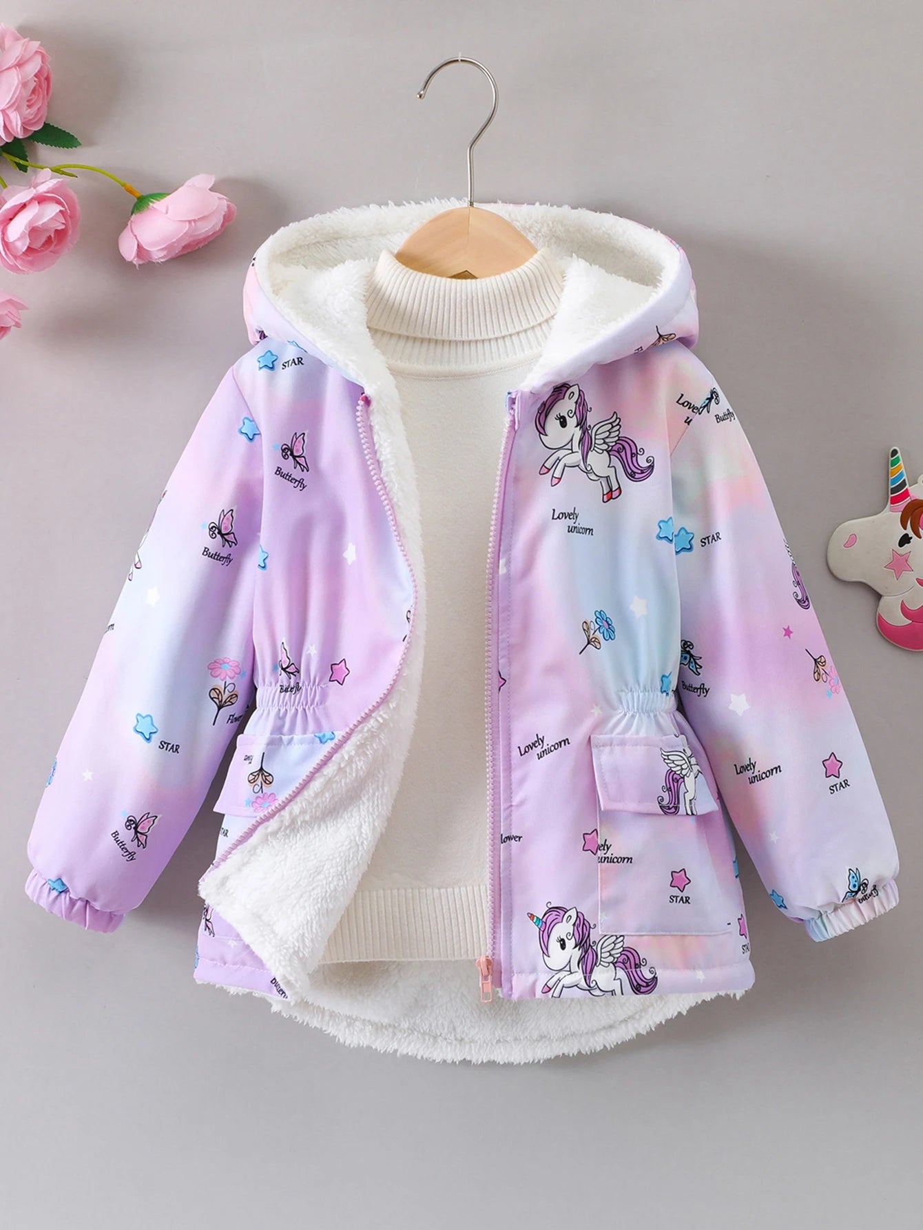 Girls’ Plush Hooded Coat – Cartoon Print & Zipper