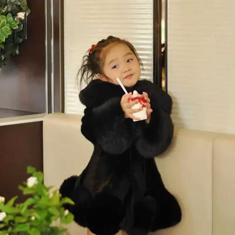 Korean Style Girls’ Winter Coat – Fox Fur Look