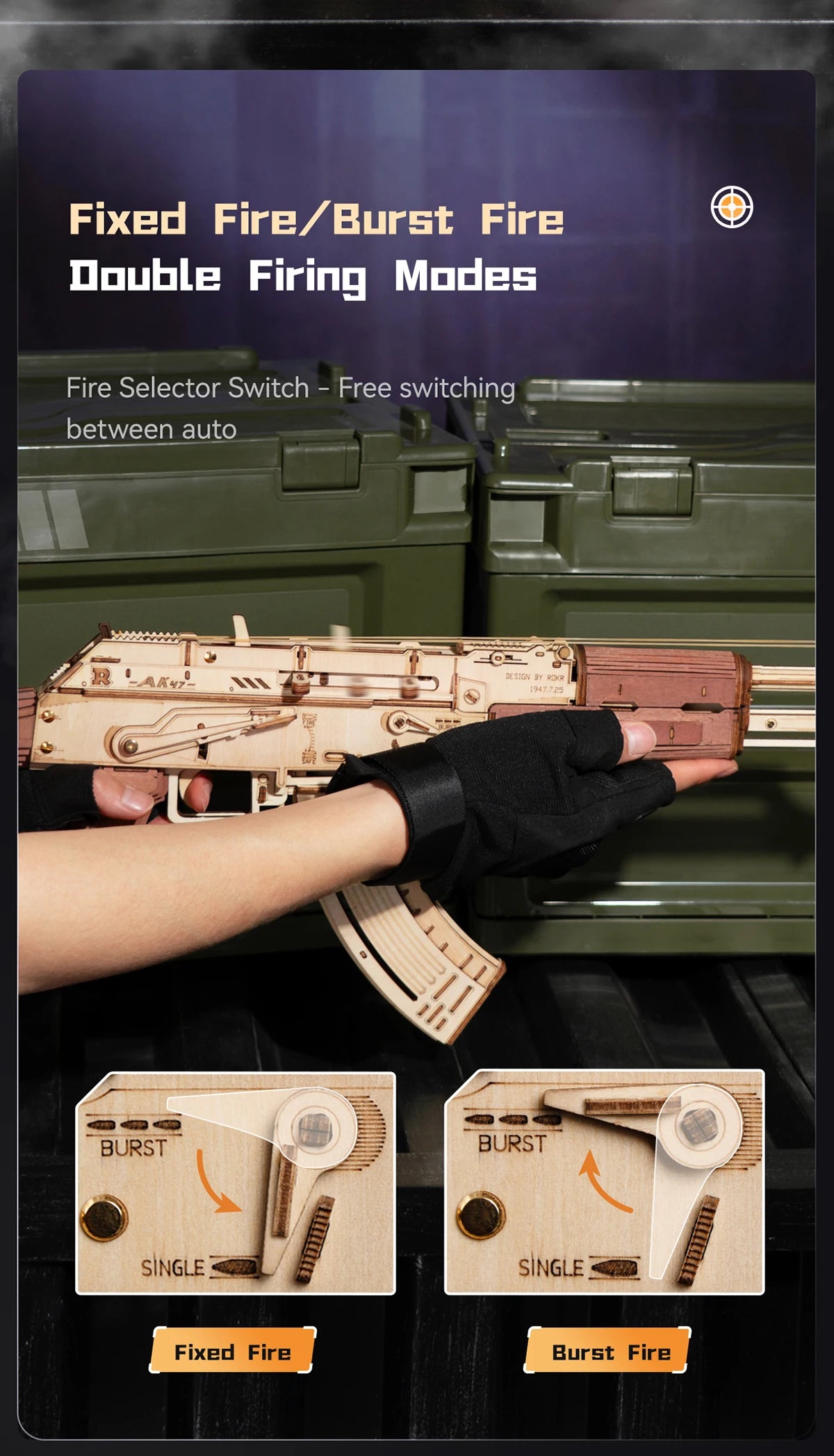 Robotime Rokr AK47 3D wooden gun building block toy for kids and adults, detailed DIY puzzle of an automatic rifle.