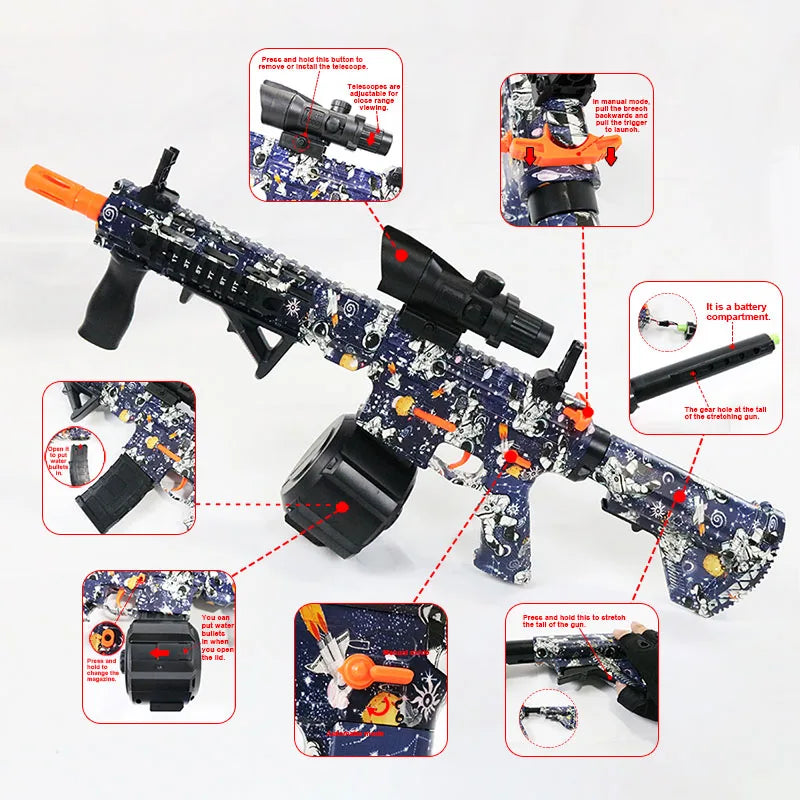 Ultra Shoppings M416 Electric Ball Blaster toy gun in manual and automatic modes, suitable for outdoor shooting games and festive gifts.