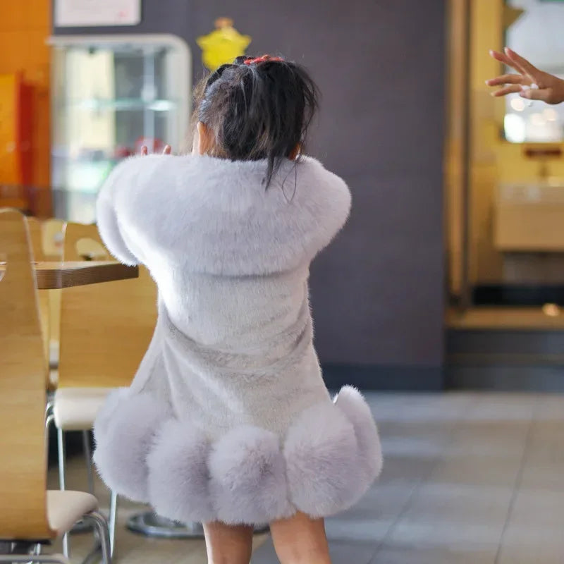 Korean Style Girls’ Winter Coat – Fox Fur Look