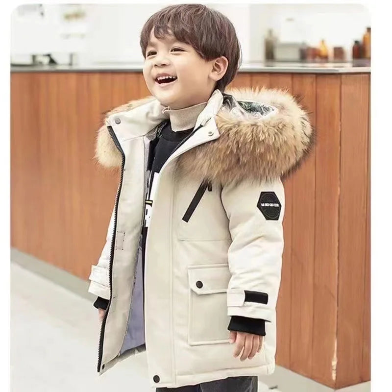 Kids’ Padded Winter Jacket – Thick Fur Collar Hooded Parka, Warm Cotton Coat for Boys & Girls