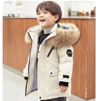 Kids’ Padded Winter Jacket – Thick Fur Collar Hooded Parka, Warm Cotton Coat for Boys & Girls