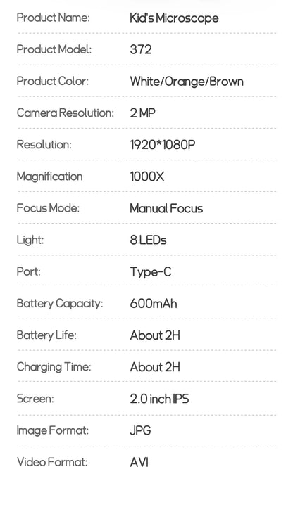 Kids Science Microscope 1000X – 200 Megapixel Digital Magnifier with LED