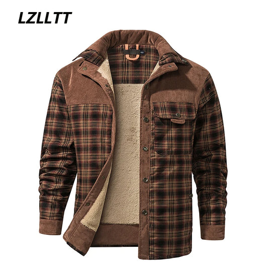 Winter Jacket Men Fleece Thick Warm Cotton Plaid Jacket Autumn Men Casual Multi-Pockets Coat High Quality Warm Lining Jacket Man