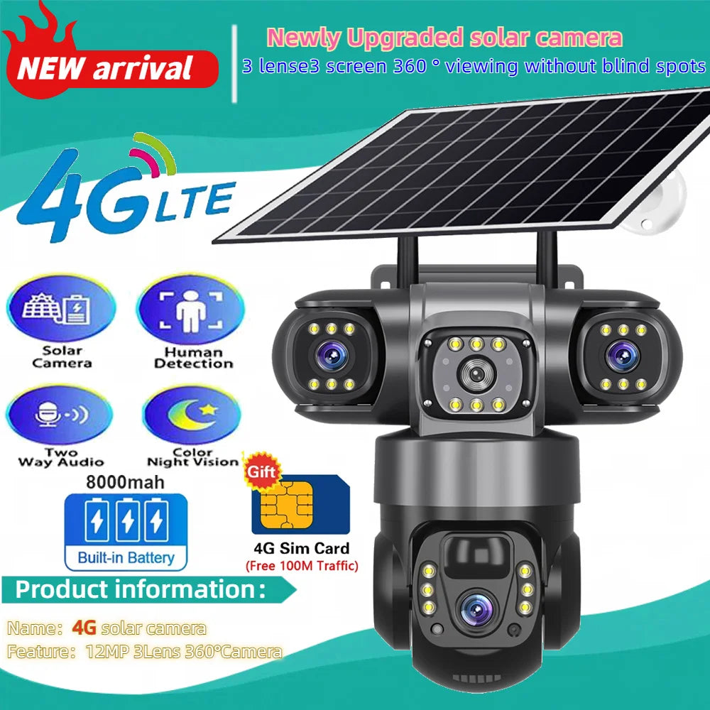 4G Solar Security Camera – 3 Lens, 10X Zoom, Night Vision