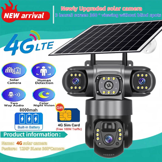 4G Solar Security Camera – 3 Lens, 10X Zoom, Night Vision