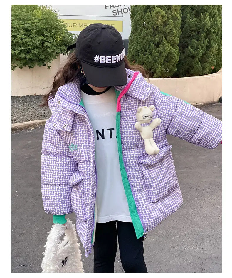 Warm Grid Design Jacket for Girls – Bonus Bear Toy 2025