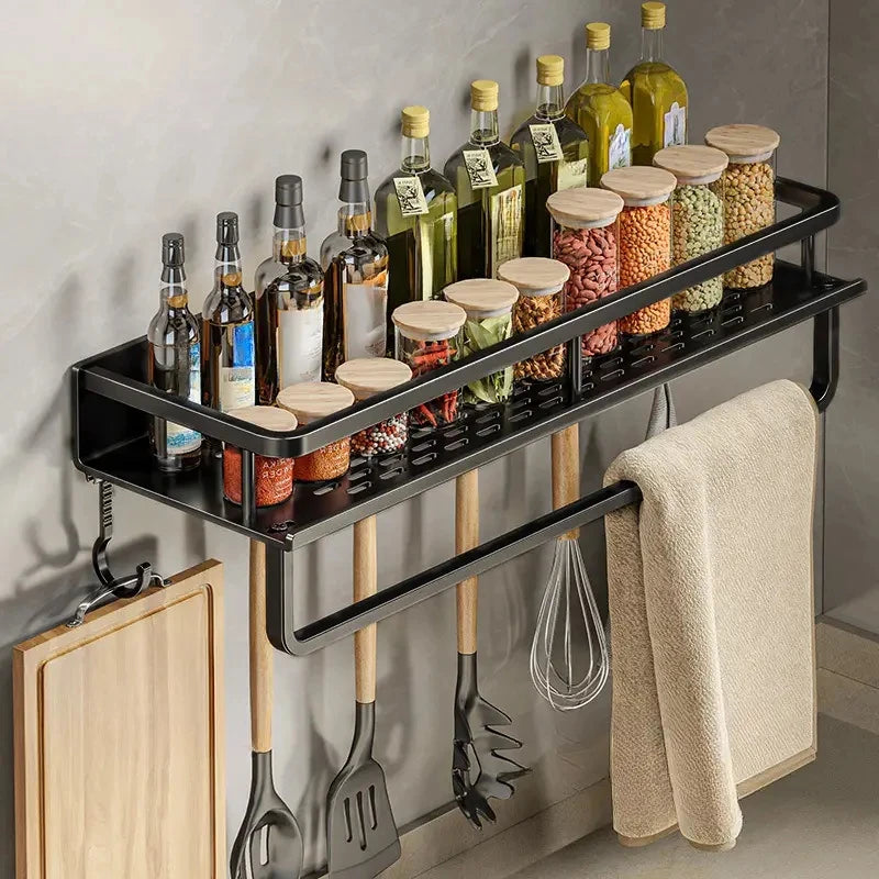 Wall-Mounted Kitchen Shelf & Spice Rack – Storage with Hooks & Towel Bar