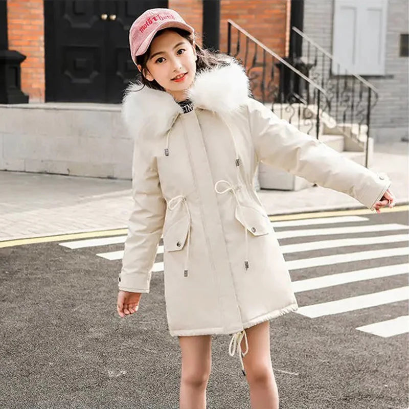 Girls’ Hooded Parka – Fur Collar & Thick Velvet Winter